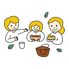 야외에서 가족들과 함께 피크닉중인 일러스트