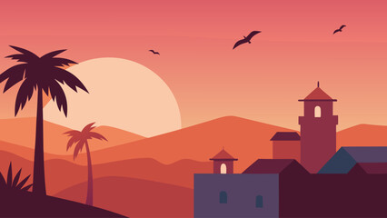 Obraz premium Palm Trees and Village Rooftops at Dusk