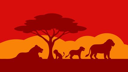 Naklejka premium Lion Family Resting Under Acacia Tree at Sunset