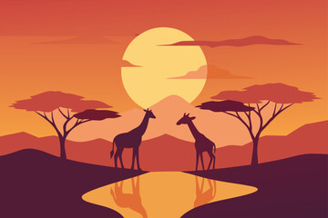 Giraffes Grazing at Waterhole in Sunset Savanna
