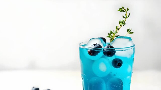 Refreshing Blue Cocktail with Blueberries Ice Thyme Garnish on White Background