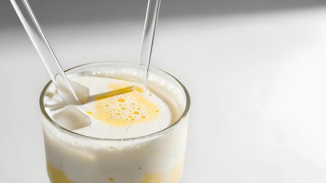 Refreshing Beverage with Ice Cubes and Straws in a Glass Featuring Yellow White and Clear Against a Bright Backdrop