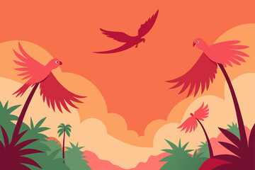 Obraz premium Parrots Flying in Tropical Forest Sunset