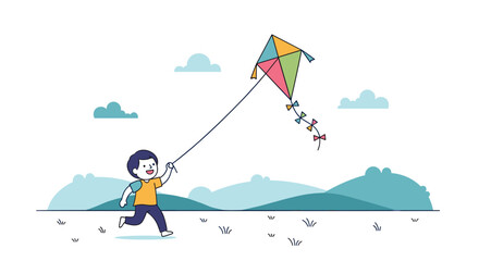 A cheerful young boy joyfully runs across a sandy landscape flying a colorful diamond shaped kite high in the sky on a bright sunny day