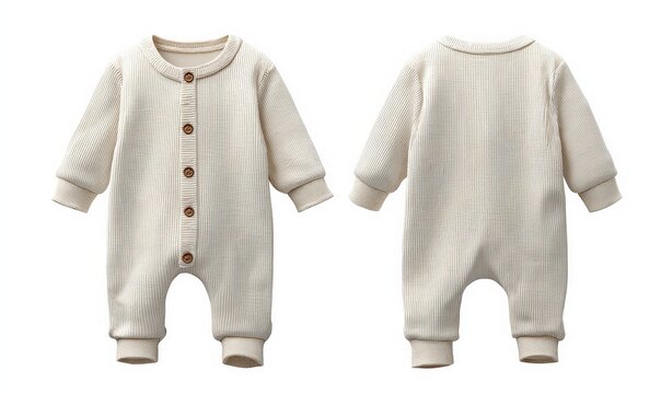 Front and back view of a cream colored baby onesie with button closure and striped pattern.