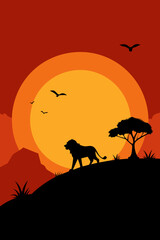 Grassy Savanna Hill with Lion Silhouette