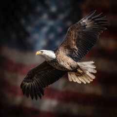 Naklejka premium Bald eagle flying above an American flag backdrop