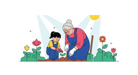 Grandmother and granddaughter enjoying a sunny day planting flowers together in a vibrant garden