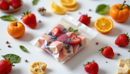 a high resolution, ultra sharp isolated fruit pouch made from tapioca starch wrap, placed on a pure white background with no shadow or minimal soft shadows only