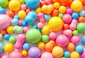 A vibrant collection of colorful, glossy spheres and oddly-shaped objects, varying in size, scattered on a white surface, illuminated by sunlight, creating a cheerful and playful aesthetic