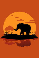 Elephant Drinking at Watering Hole During Sunset
