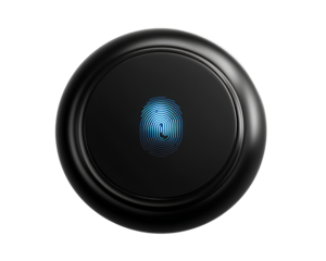 Matte Black Smart Lock Icon with Fingerprint Sensor, Angled Side View, Isolated on Transparent Background PNG