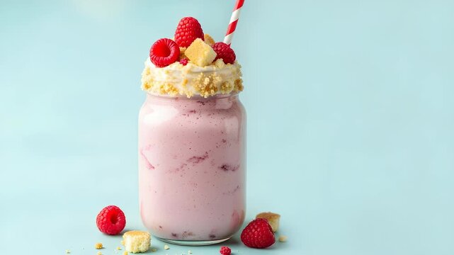 Refreshing Raspberry Milkshake with Whipped Cream and Cake Cubes on Light Blue Background