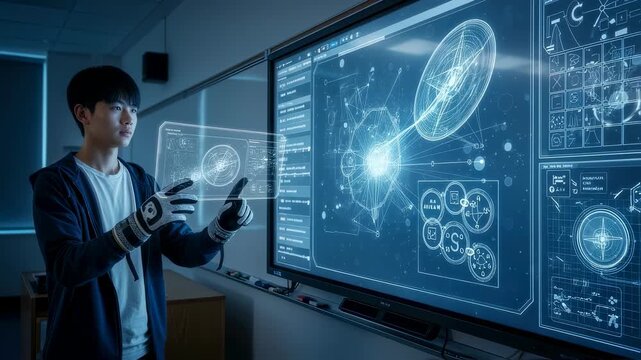 Asian man student wearing haptic gloves interacts with virtual data, using futuristic augmented reality interface for learning, footage.