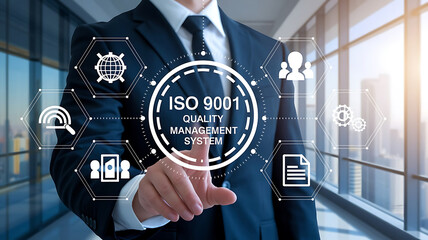 Businessman interacting with transparent digital screen displaying ISO 9001 Quality Management System, ISO 9001 certified businesses, ISO certification, quality management system, ISo9001