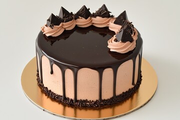 A round chocolate cake with a light brown frosting, topped with a glossy chocolate ganache that drips down the sides.  