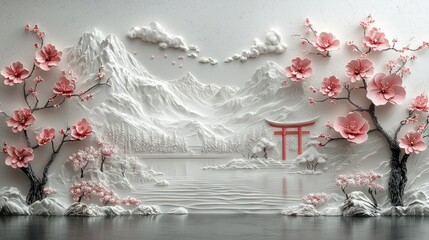 Serene Japanese Landscape: 3D Bas-relief of Mountains, Lake, and Cherry Blossoms