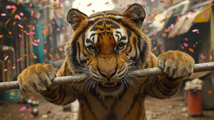 A Majestic Bengal Tiger in a Vibrant Indian City