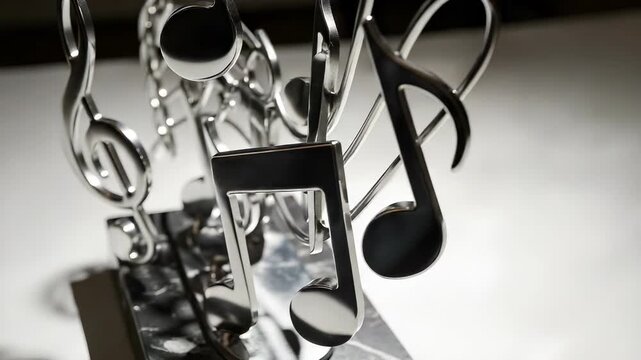 Silver Musical Notes Sculpture on Gray Marble Base in Soft White Background