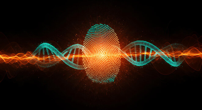 Digital DNA Strand with Glowing Orange Fingerprint Symbolizing Genetic Authentication and Biometric Security
