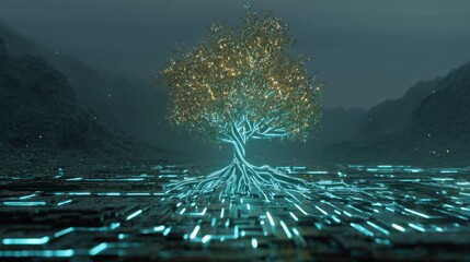 Digital tree futuristic landscape