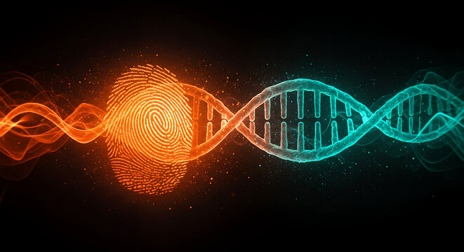 Digital DNA Strand with Glowing Orange Fingerprint Symbolizing Genetic Authentication and Biometric Security
 - Powered by Adobe