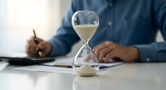 Close Up Of A Business Person In A Blue Shirt Calculating With An Hourglass Time Management On A White Table Top