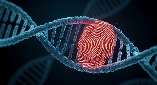 DNA Strand with Red Glowing Fingerprint Representing Genetic Identification and Biometric Security
