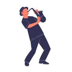 Flat vector illustration of a male jazz musician passionately playing a saxophone. Ideal for music, jazz concert, band, or festival design elements.