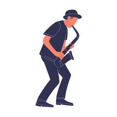 Flat vector illustration of a male jazz musician passionately playing a saxophone. Ideal for music, jazz concert, band, or festival design elements.