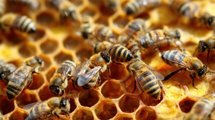 Honeybees on honeycomb closeup