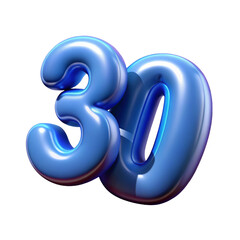 Glossy blue number thirty 3d illustration isolated on transparent background