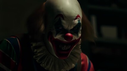 Creepy clown mask with red balloon in dark for horror film, scary movie and halloween atmosphere. Sinister costume and evil character for fear, terror and nightmare concept - Powered by Adobe