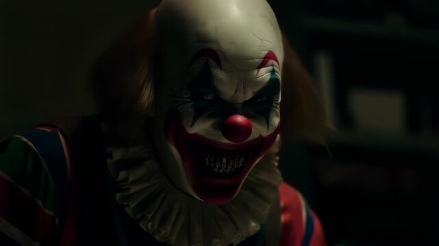 Creepy clown mask with red balloon in dark for horror film, scary movie and halloween atmosphere. Sinister costume and evil character for fear, terror and nightmare concept