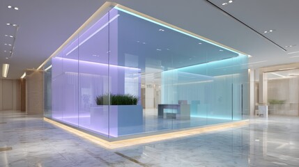 Fototapeta premium Reflective glass cube office interior with lavender and sky blue LED trims, ambient shadow layering across patterned floor tiles,