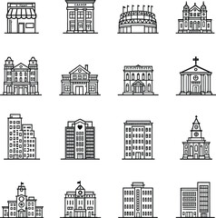 Naklejka premium Building Icon Vector Set Featuring Churches, Homes, Stadiums, Storefronts, Landmarks and Diverse Architecture for Urban Graphics