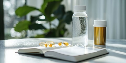 Essentials collection for daily wellness: vitamins, water bottle, journal