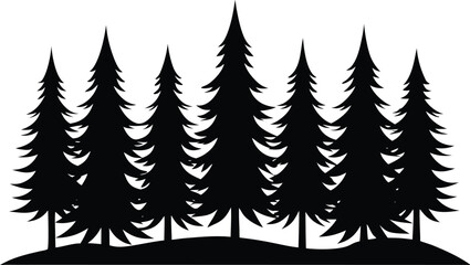 Black silhouette of a line of trees forming a forest isolated on transparent background