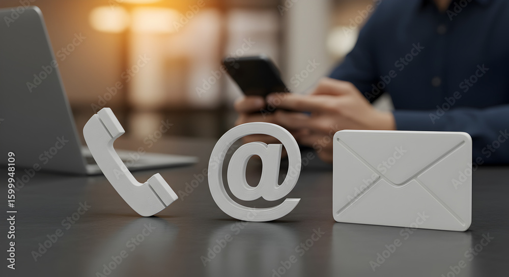 Fototapete contact methods in 3d with phone at symbol and envelope on dark surface with blurred person using mo