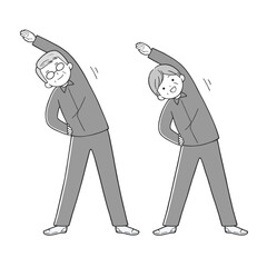 体操するシニア夫婦 健康な高齢者 モノクロ