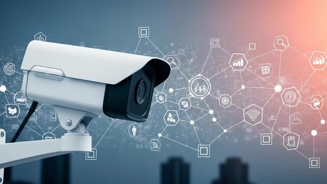 Smart City Surveillance Camera with AI Network Security: Cutting-Edge Technology for Intelligent Monitoring and Data Analysis - Powered by Adobe