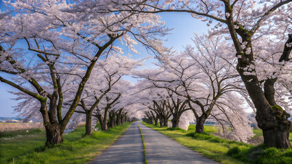 Image is a landscape photograph featuring a picturesque pathway lined with cherry blossom trees in full bloom.