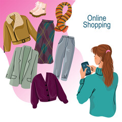 Flat illustration of a hand drawn banner featuring woman back view with smartphone to order clothing online. Vector concept of fashion shopping, delivery service, and mobile e commerce.