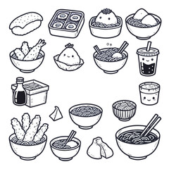 Cute hand drawn Japanese food doodles with kawaii faces