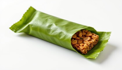 a high resolution, ultra sharp isolated wrap for granola bar made from banana leaf layer, placed on a pure white background with no shadow or minimal soft shadows only