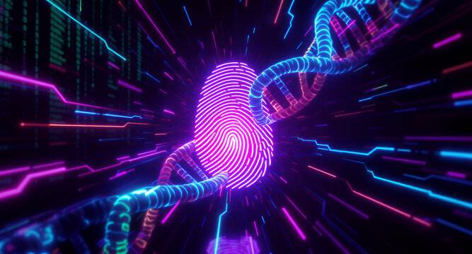 A glowing fingerprint and a digital DNA strand are surrounded by neon light trails, representing the connection between identity and genetic data. - Powered by Adobe