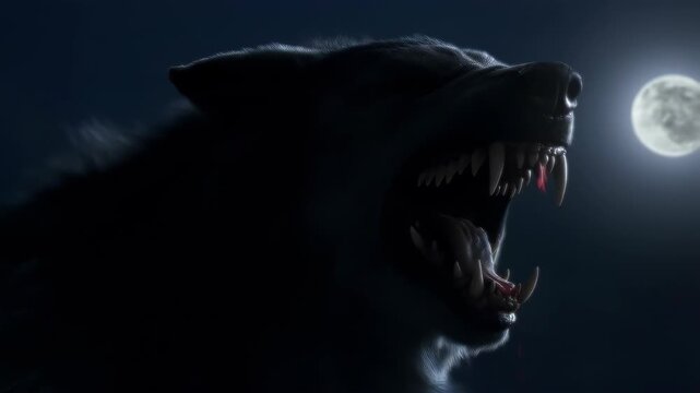 Werewolf, fangs and blood in dark forest with full moon, menacing creature and horror scene - Beast, moonlight and supernatural transformation with dripping gore, mystery and night terror