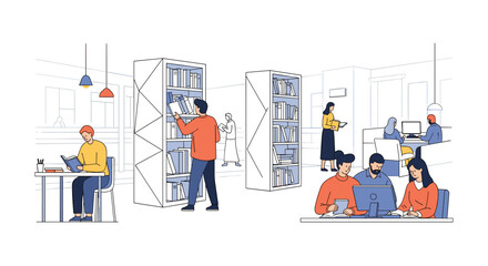 Diverse group of people working collaboratively in a modern office environment with bookshelves and technology creating an atmosphere of innovation and productivity