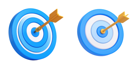 3D Plastic Style Illustration Of A Blue And White Target With A Golden Arrow Hitting The Bullseye Isolated Against A Transparent Background