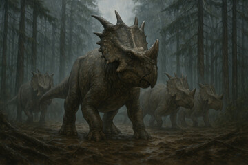 Fototapeta premium Herd of triceratops in forest.